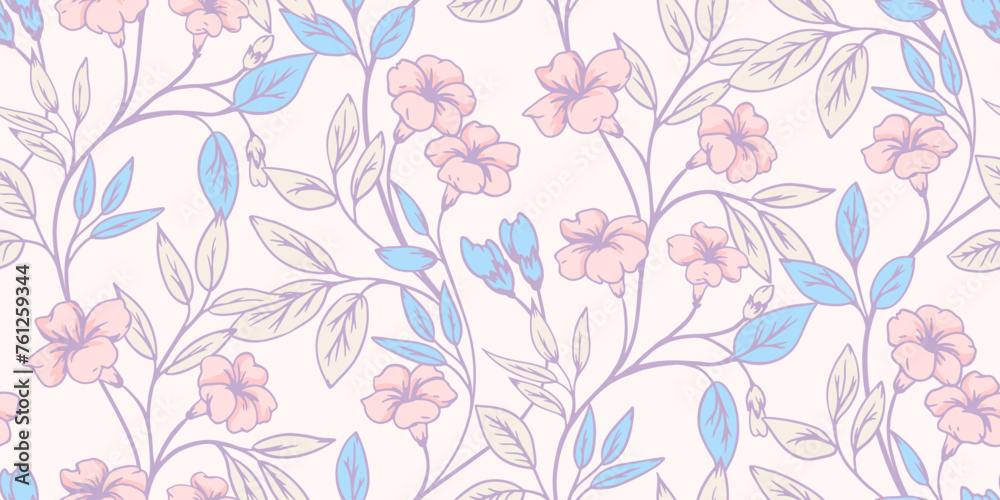 Pastel pattern seamless with creative blooming floral stems. Vector hand drawn illustration. Artistic abstract branches with wild flowers, buds, leaves printing. Template for design, fabric, textile Pastel pattern seamless with creative blooming floral stems. Vector hand drawn illustration. Artistic abstract branches with wild flowers, buds, leaves printing. Template for design, fabric, textile