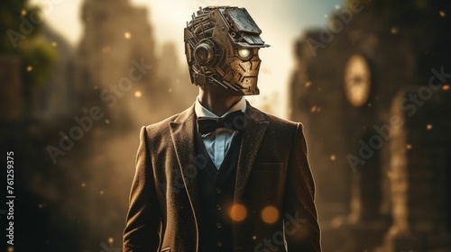 Time Traveler, Vintage Suit, Altering the past to save a loved ones life, Standing in front of an ancient ruin, Overcast, 3D Render, Golden Hour, Depth of Field Bokeh Effect, Eye-level angle