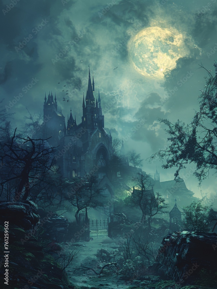 A haunting Gothic castle bathed in the ethereal light of a full moon, with silhouettes of flying birds adding to the otherworldly scene.