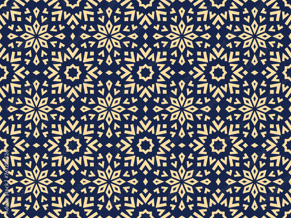 Abstract geometric pattern with lines, snowflakes. A seamless vector background. Golden and dark blue texture. Graphic modern pattern