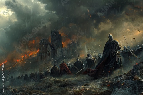 An epic battle unfolds in the rain, with knights charging toward a dark castle engulfed in flames, under a tumultuous sky. photo