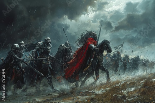 An epic battle unfolds in the rain, with knights charging toward a dark castle engulfed in flames, under a tumultuous sky. photo