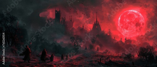 A blood-red moon looms large over the ruins of a Gothic cathedral  casting an eerie glow on the desolate landscape below.