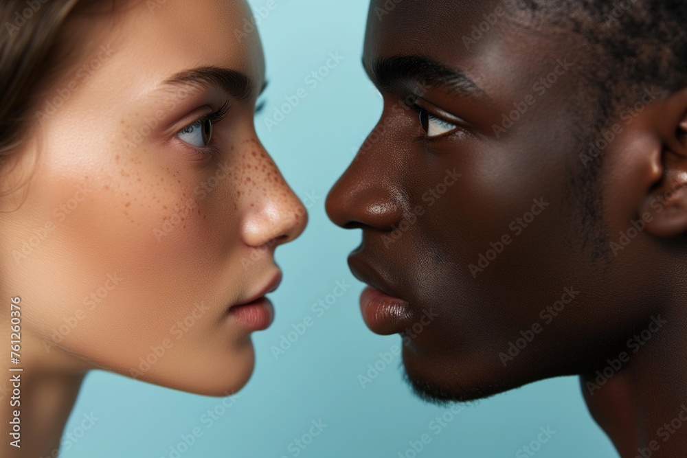 Interracial relationship, close-up of the faces of an African American man and a Caucasian woman looking at each other Interracial relationship, close-up of the faces of an African American man and a Caucasian woman looking at each other