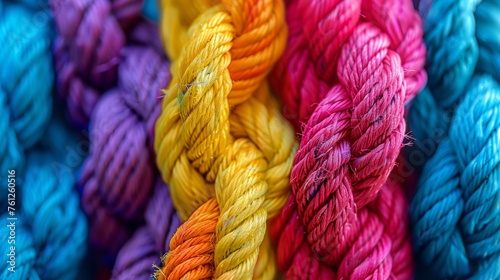 Close-up of vibrant multi-colored ropes intertwined, highlighting texture and color contrast against a blurred background.