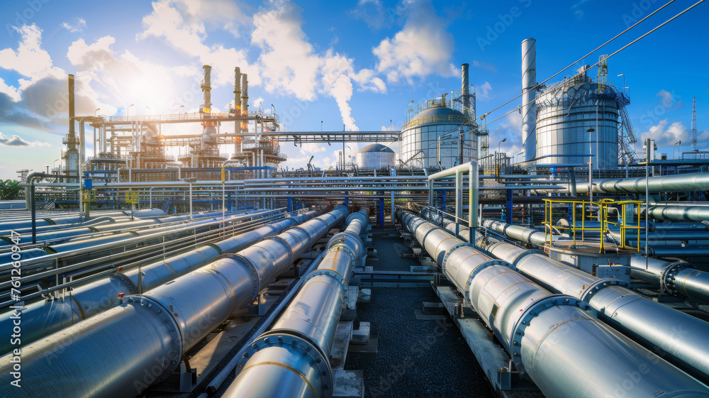 Vast industrial landscape with pipelines and tanks under a clear blue sky. Vast industrial landscape with pipelines and tanks under a clear blue sky.