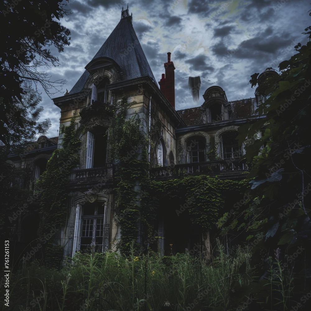 Overgrown with ivy, this grand but forsaken mansion looms under a dramatic twilight sky. Overgrown with ivy, this grand but forsaken mansion looms under a dramatic twilight sky.