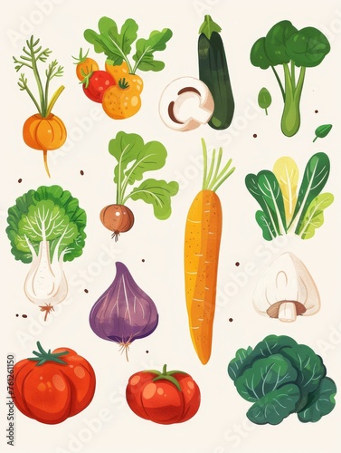 Colorful hand-drawn vector vegetables on white background. A collection of various hand-drawn colorful vegetables including broccoli, peppers, and carrots, illustrated on a clean white backdrop