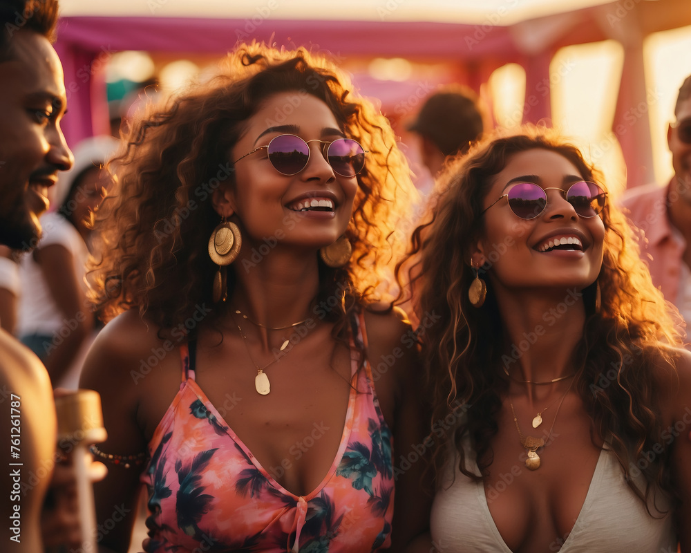 Unbeschwerte Sommerfreude: Zwei Freundinnen teilen ein Lachen im Abendsonnenschein - obrazy, fototapety, plakaty 