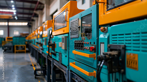 Row of high-precision industrial machines in a brightly lit factory, automation in modern manufacturing