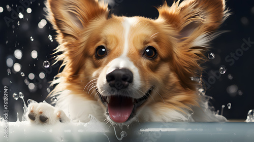 Close up of a happy cute dog taking bath with soap  foam and bubbles on its face