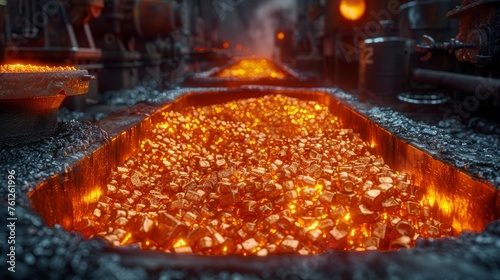 Molten gold bars cooling in troughs within industrial foundry, vibrant glow reflecting intense heat