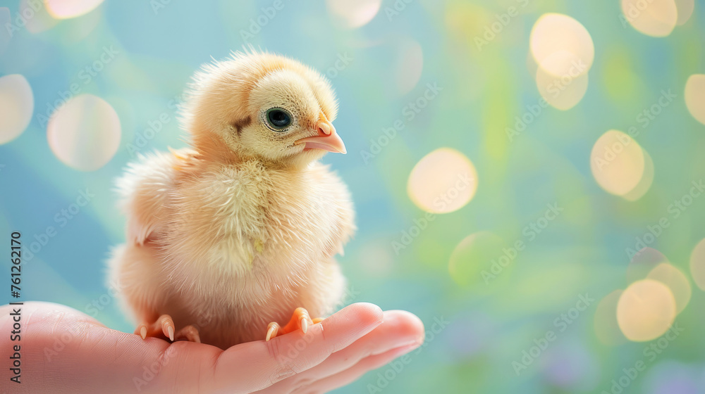 Tiny newborn chick resting in a palm, enchanting bokeh background accentuates its fluffy texture