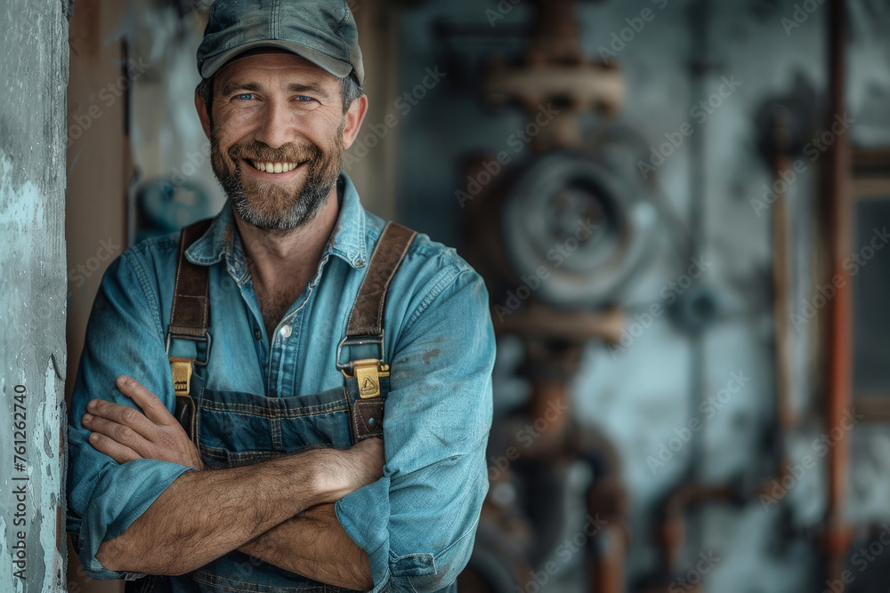 A man with a big smile on his face is standing in front of a machine. He is wearing a blue shirt and has his arms crossed. smiling plumber arms crossed