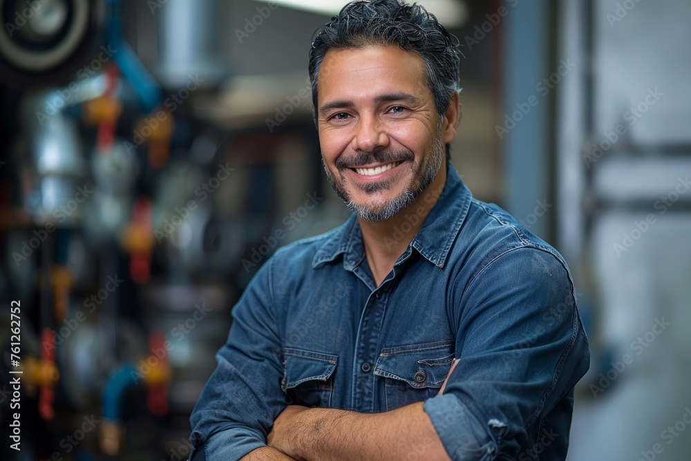 A man with a big smile on his face is standing in front of a machine. He is wearing a blue shirt and has his arms crossed. smiling plumber arms crossed A man with a big smile on his face is standing in front of a machine. He is wearing a blue shirt and has his arms crossed. smiling plumber arms crossed