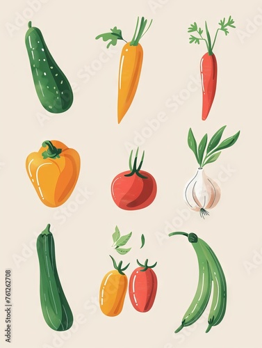 Colorful hand-drawn vector vegetables on white background. A collection of various hand-drawn colorful vegetables including broccoli, peppers, and carrots, illustrated on a clean white backdrop