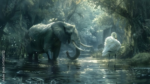 wisdom and power of an elephant with the serene grace of a swan  as the mystical creature wanders through a lush  dreamlike forest landscape
