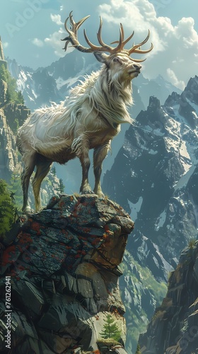 stands atop a rugged, mountainous cliff, its sturdy hooves and shimmering antlers commanding an awe-inspiring presence © Bussakon