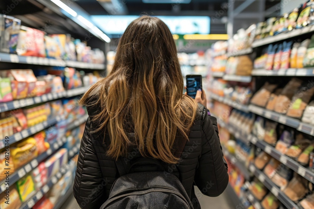 Woman Using Smartphone for Grocery Shopping List