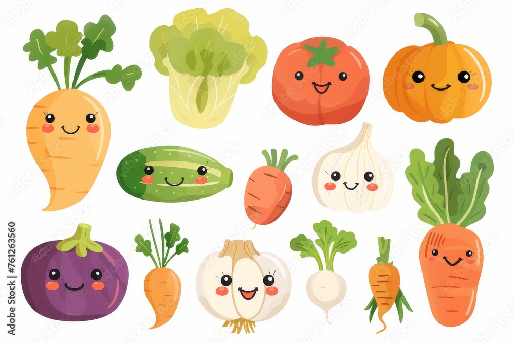 Fototapeta premium Colorful hand-drawn vector vegetables on white background. A collection of various hand-drawn colorful vegetables including broccoli, peppers, and carrots, illustrated on a clean white backdrop