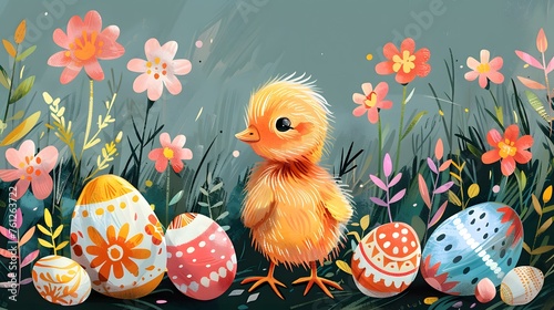 Vintage Folkloric Design: Cute Baby Duck Illustration with Flowers