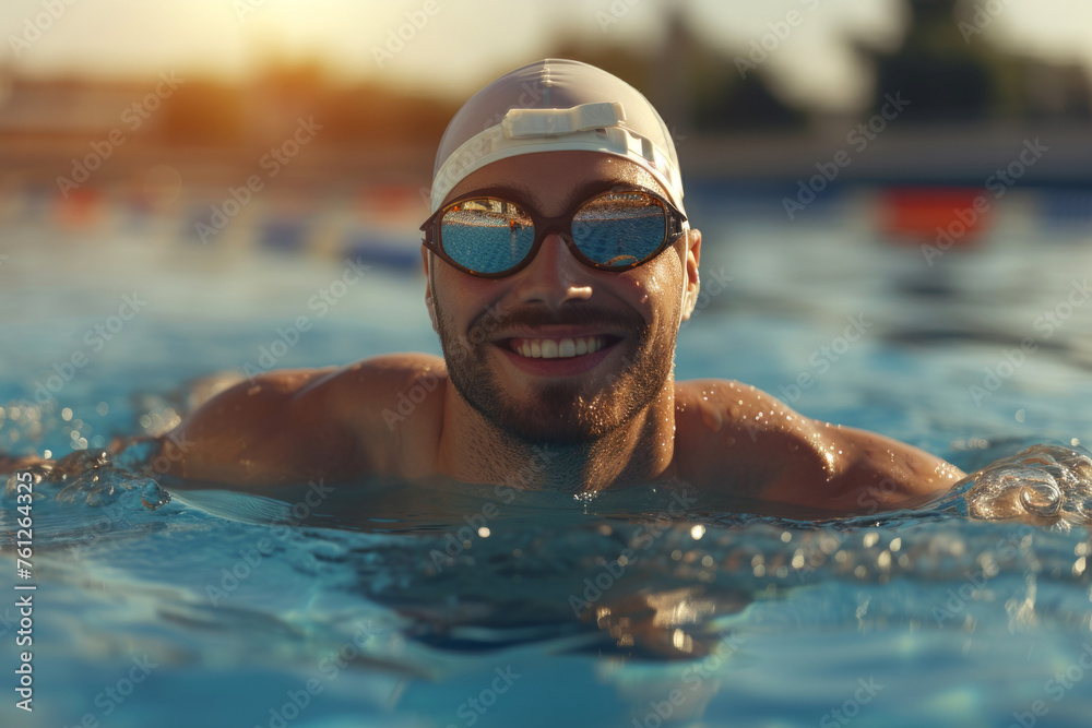 Young smiling swimmer in pool wearing swimming cap and goggles looking straight at camera with space for text or subtitles
