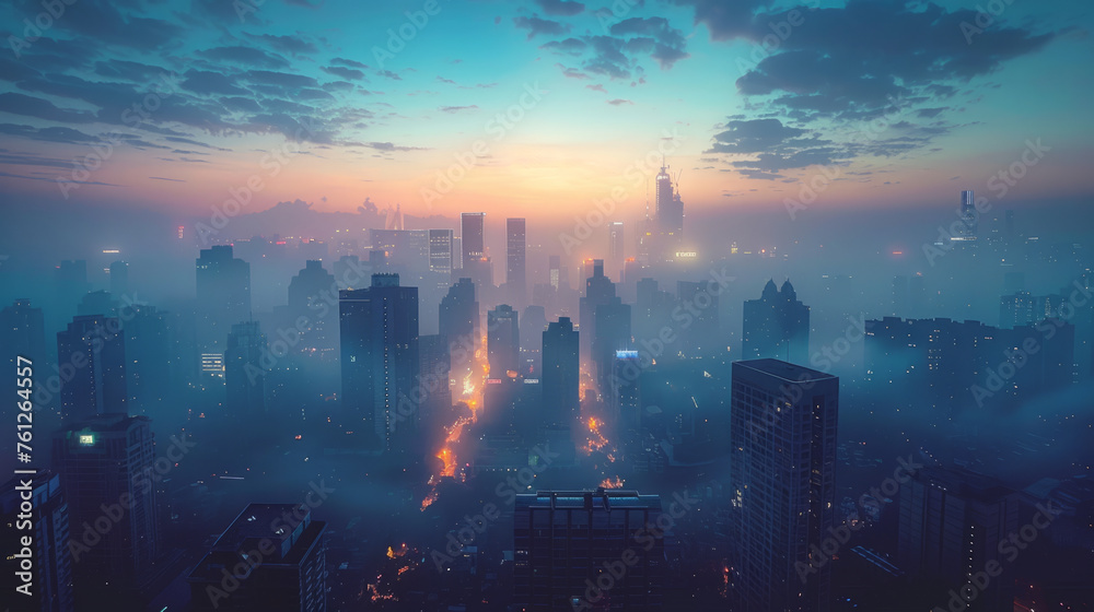 An early morning cityscape bathed in blue hues with skyscrapers silhouetted against a dawn sky. The streets are illuminated with warm lights, suggesting the beginning of urban activity. An early morning cityscape bathed in blue hues with skyscrapers silhouetted against a dawn sky. The streets are illuminated with warm lights, suggesting the beginning of urban activity.