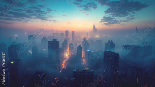 An early morning cityscape bathed in blue hues with skyscrapers silhouetted against a dawn sky. The streets are illuminated with warm lights  suggesting the beginning of urban activity.