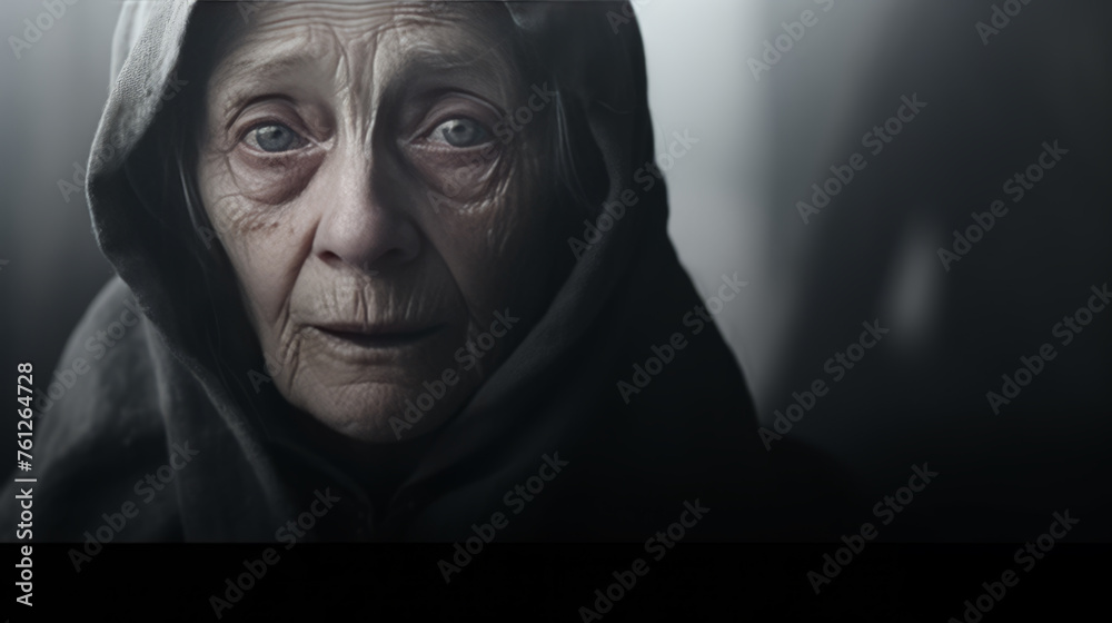 A close-up portrait of an elderly woman with deep wrinkles, gazing pensively A close-up portrait of an elderly woman with deep wrinkles, gazing pensively