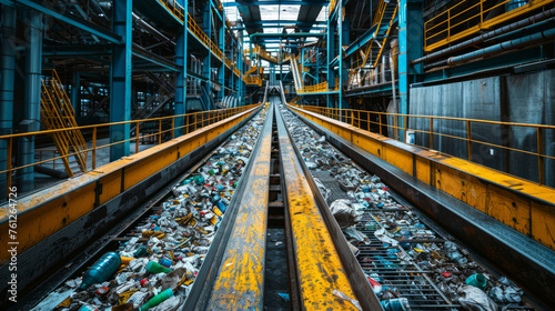 Industrial waste management facility with a conveyor belt transporting mixed recyclable materials. photo