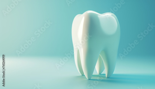 A pristine 3D tooth stands isolated against a soft blue background