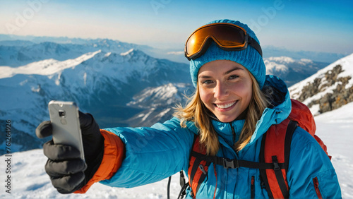 Smiling blonde female mountain climber taking a selfie with her mobile phone at the summit of the mountain. photo