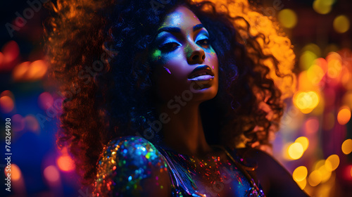 A beautiful African American woman with colorful glowing glitter on her face, with blurred lights in the background