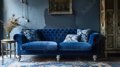 A calming blue sofa that creates a sense of peace and tranquility.