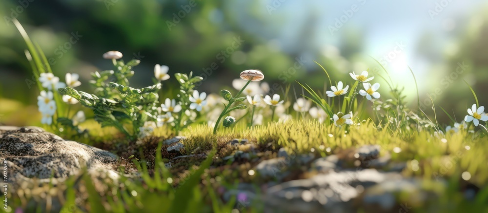 beautiful wild plants and moss in forest blurred background