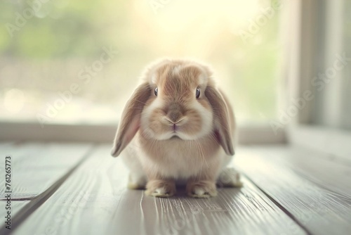 Adorable Brown Eared Rabbit Sitting on Wooden Surface photo