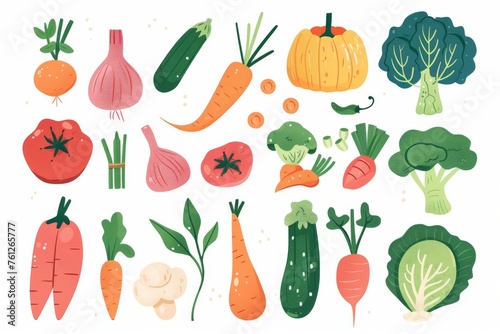 Colorful hand-drawn vector vegetables on white background. A collection of various hand-drawn colorful vegetables including broccoli, peppers, and carrots, illustrated on a clean white backdrop