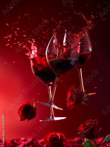 Romantic Levitation of Red Wine Glasses and Roses Against Love-themed Backdrop