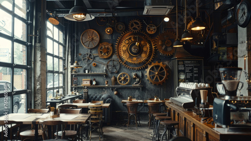 An eclectic coffee shop interior featuring a wall adorned with various sizes of gears and cogs, creating a steampunk vibe.