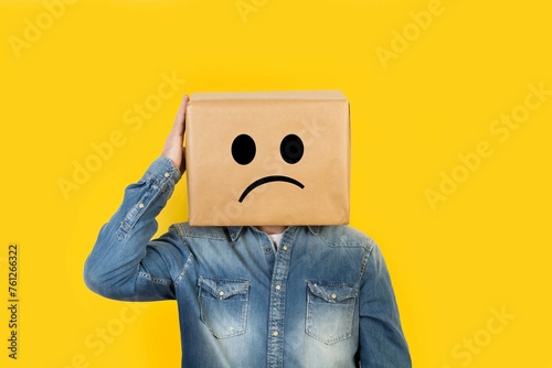Man With His Head Box Sadness Gesture Drawn It Yellow Background