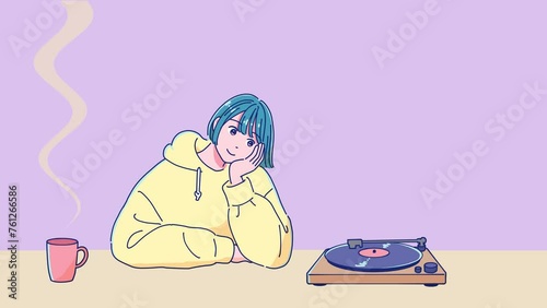 コーヒーを飲みながらレコードを聴く女の子、Lo-fi音楽のためのアニメ動画