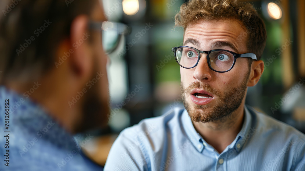 man with glasses is looking at another man with a surprised expression. The man with glasses is wearing a jacket. intern looking with a face of astonishment and envy at a professionally successful man - obrazy, fototapety, plakaty 