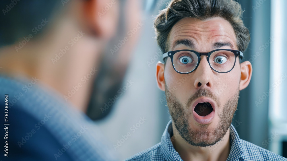 man with glasses is looking at another man with a surprised expression. The man with glasses is wearing a jacket. intern looking with a face of astonishment and envy at a professionally successful man - obrazy, fototapety, plakaty 