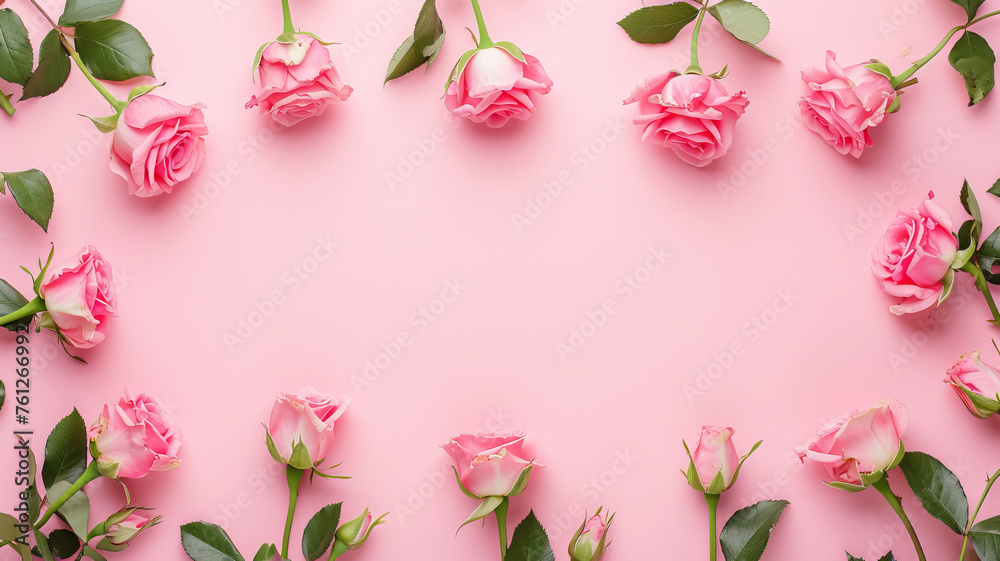 Delicate rose frame on soft pink, an elegant design by AI Generative. Delicate rose frame on soft pink, an elegant design by AI Generative.