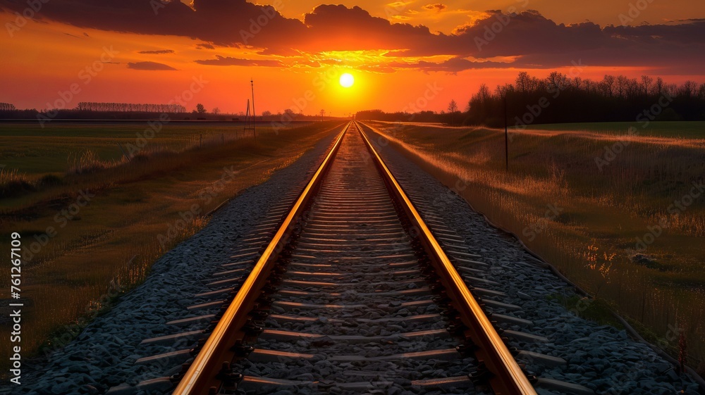 An orange sunset with the sun sinking into the horizon, track photography, romanticism, AI Generative