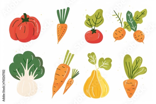 Colorful hand-drawn vector vegetables on white background. A collection of various hand-drawn colorful vegetables including broccoli  peppers  and carrots  illustrated on a clean white backdrop