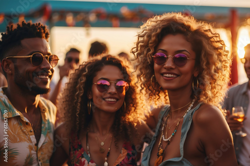 Freude und Freundschaft: Lachende Gruppe genießt sommerliche Strandparty photo