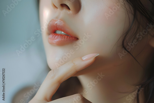 女性のぷっくりツヤツヤの唇、粘膜ルージュ photo