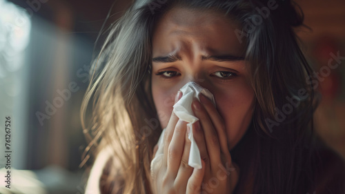 A young woman unwell, using a tissue, depicts the need for health and comfort, AI Generative.