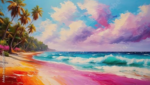 oil painting of colorful beach  sunset over the sea  abstract rainbow background